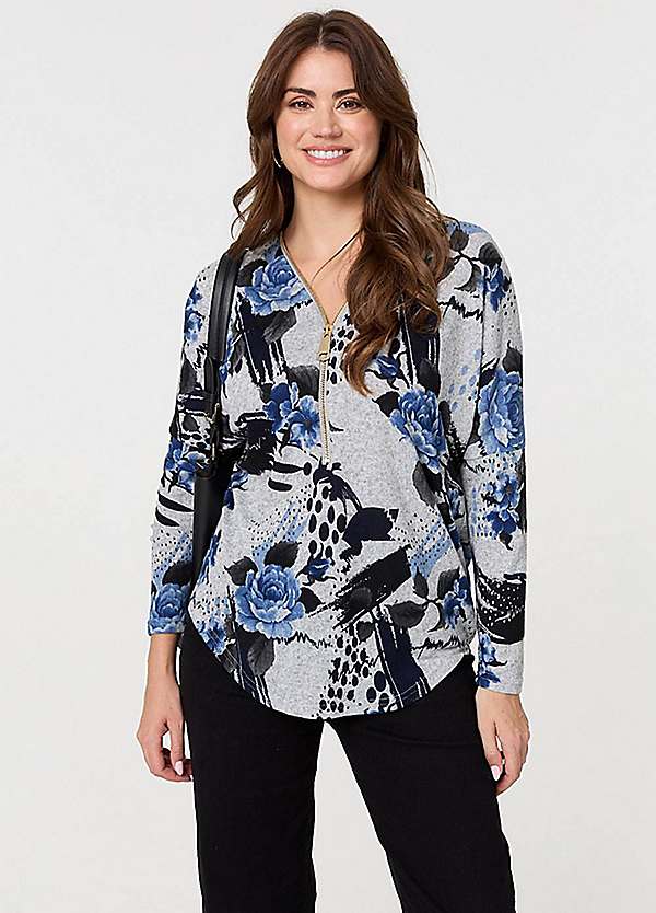Izabel London Multi Blue Floral Zip Front V-Neck Sweatshirt Grattan