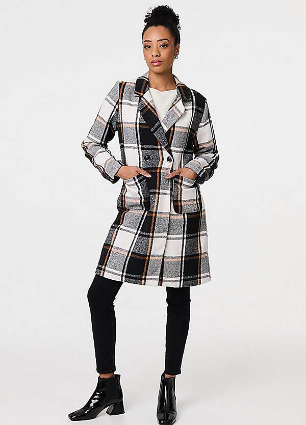 Izabel London Multi Navy Checked Double Breasted Trench Coat | Grattan