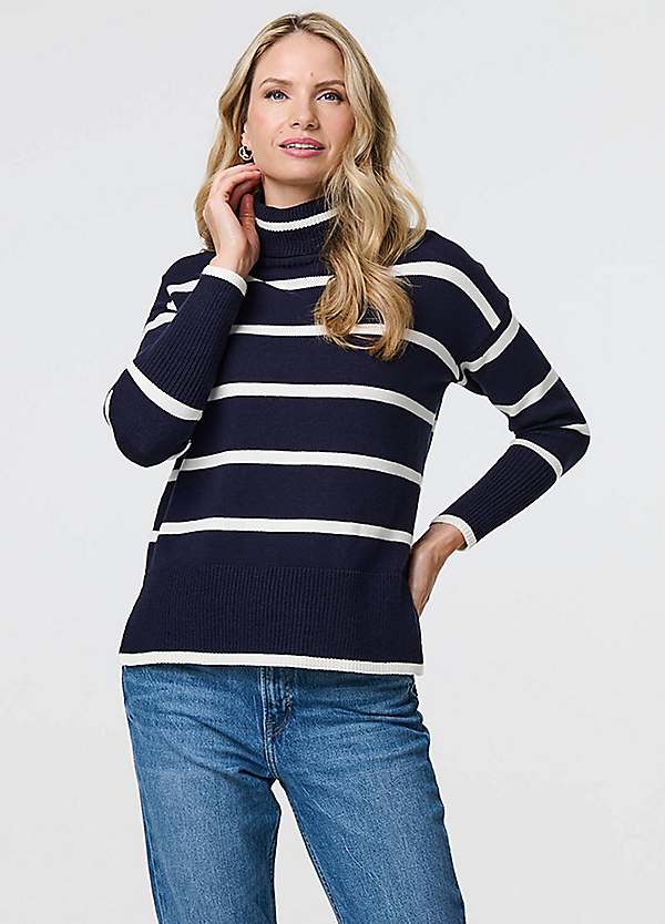 Izabel London Navy Striped Roll Neck Relaxed Jumper Grattan