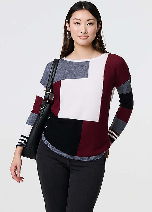 Izabel London Red Colour Block Curve Hem Boat Neck Jumper Grattan