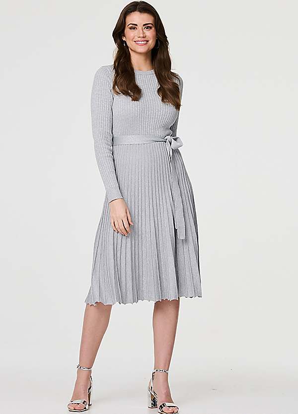 silver pleated midi dress Moonlit Silver Silk Slub One Side Pleated Button Down Dress