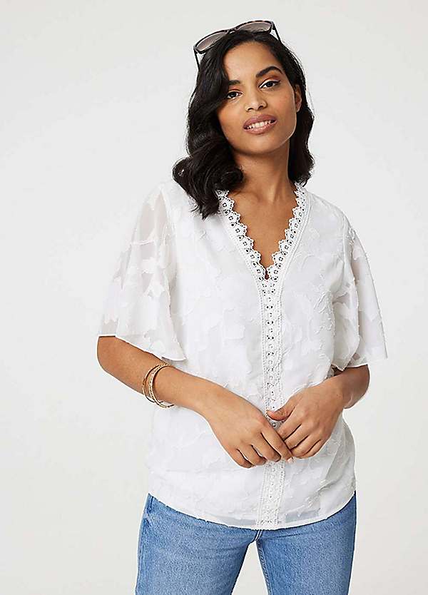 Izabel London White Floral Lace Detail Flared Sleeve Blouse | Grattan
