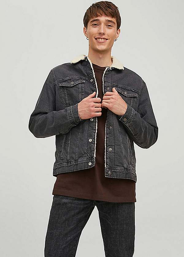 Mens grey denim 2025 jacket with fur collar