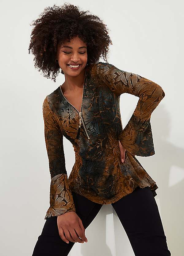 Joe Browns Earthy Lace Overlay Fluted Sleeve Zip Front Top | Grattan