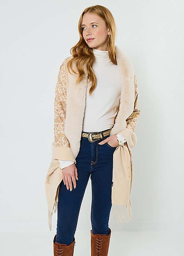 Joe Browns Embroidered Paisley Faux Shearling Trim Wrap Poncho