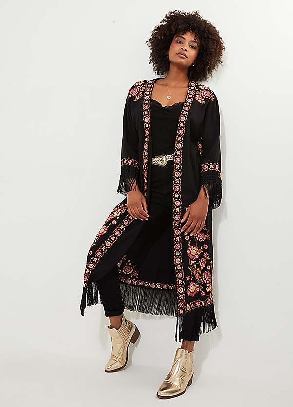 Joe Browns Floral Embroidered Longline Fringed Kimono | Grattan