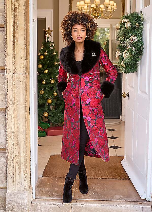 Joe Browns Floral Jacquard Faux Fur Trim Statement Coat Grattan