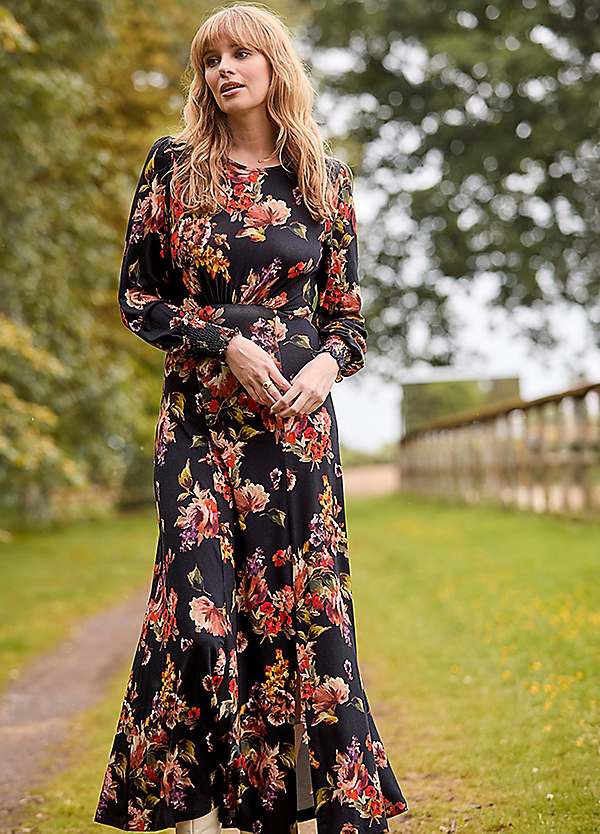 joe browns maxi dress Joe Browns Dark Floral Print Full Skirt Crinkle Maxi Dress
