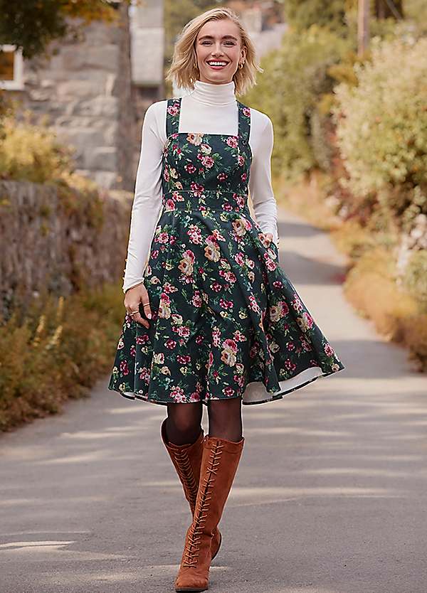 Joe Browns Green Floral Print Cross Back Mini Pinafore Dress | Grattan