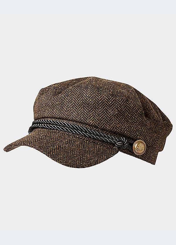 Joe Browns Herringbone Tweed Peaked Cap with Button Detail | Grattan