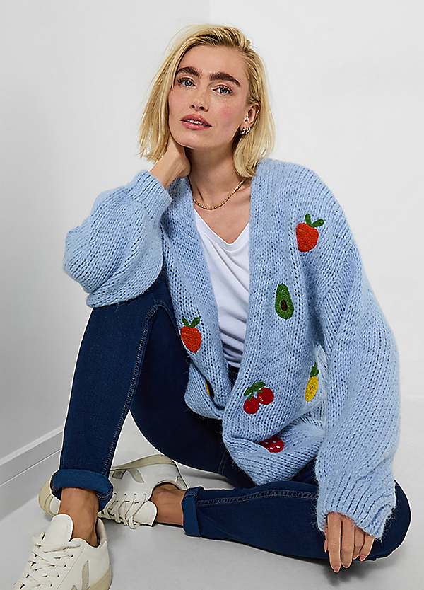 Joe Browns Light Blue Oversized Chunky Knit Fruit Motif Cardigan