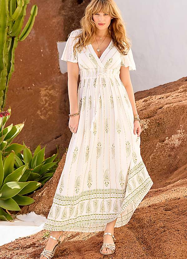 Joe Browns Petite Printed Maxi Dress with Wrap Neckline & Border Detail Joe Browns Petite Printed Maxi Dress with Wrap Neckline & Border Detail