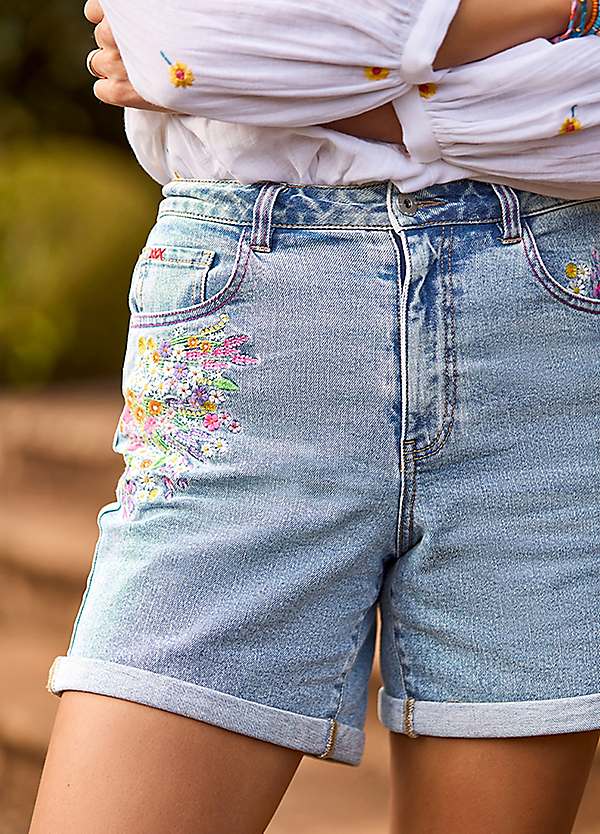 Joe Browns Stonewash Denim Spring Floral Embroidered Shorts | Grattan