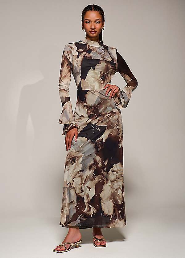Jolie Moi Ruffle Long Sleeve Mesh Maxi Dress | Grattan