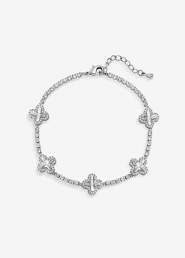 Jon Richard Rhodium Plated Diamond Station Clover Bracelet