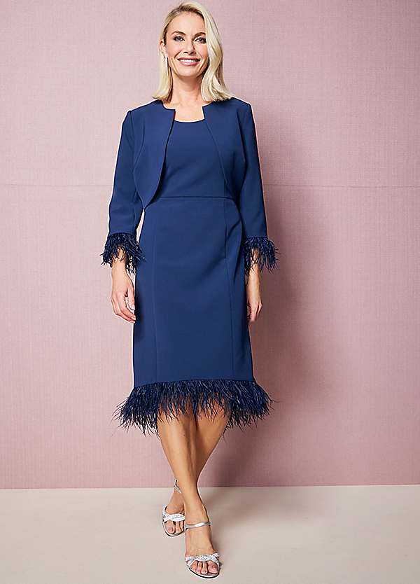 Kaleidoscope Navy Feather Trim Dress and Jacket