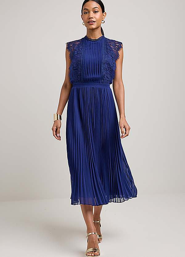 Kaleidoscope Navy Pleated Lace Trim Midi Dress | Grattan