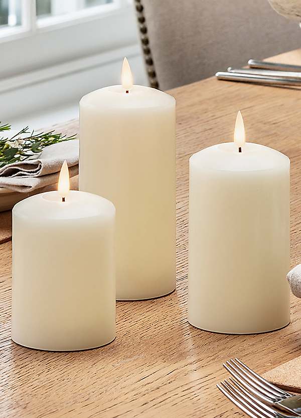 Lights4fun Set of 3 TruGlow® Skinny LED Pillar Candles – Battery-Operated Flameless Design with Timer, Real Ivory Wax for Safe and Elegant Home Décor, 12.5cm Height