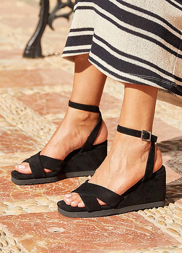 Linzi Imogen - Black Faux Suede Covered Crossover Wedge Sandals