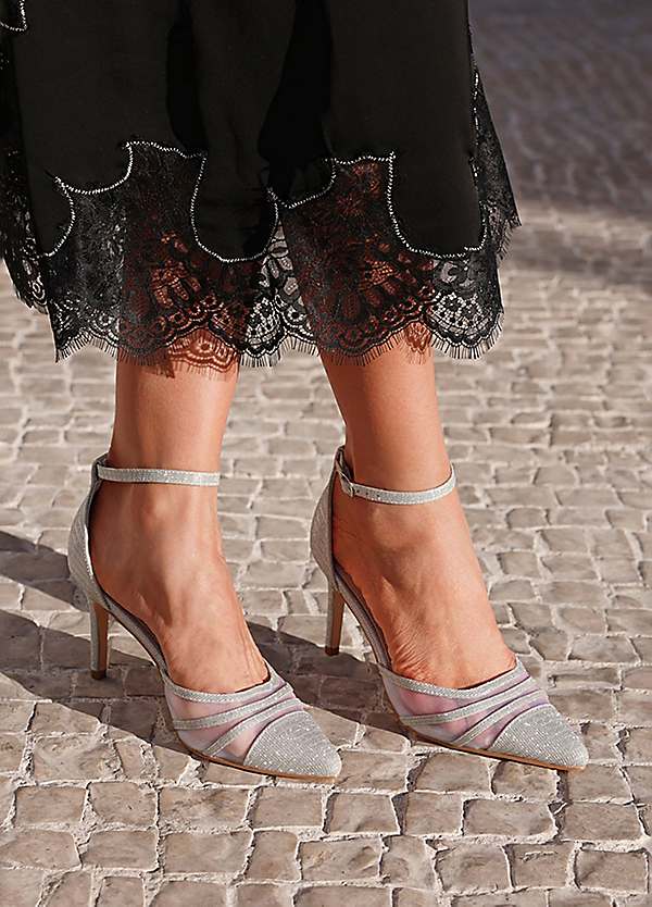 Linzi Serri Silver Glitter Mesh Court Heel with Ankle Strap Grattan