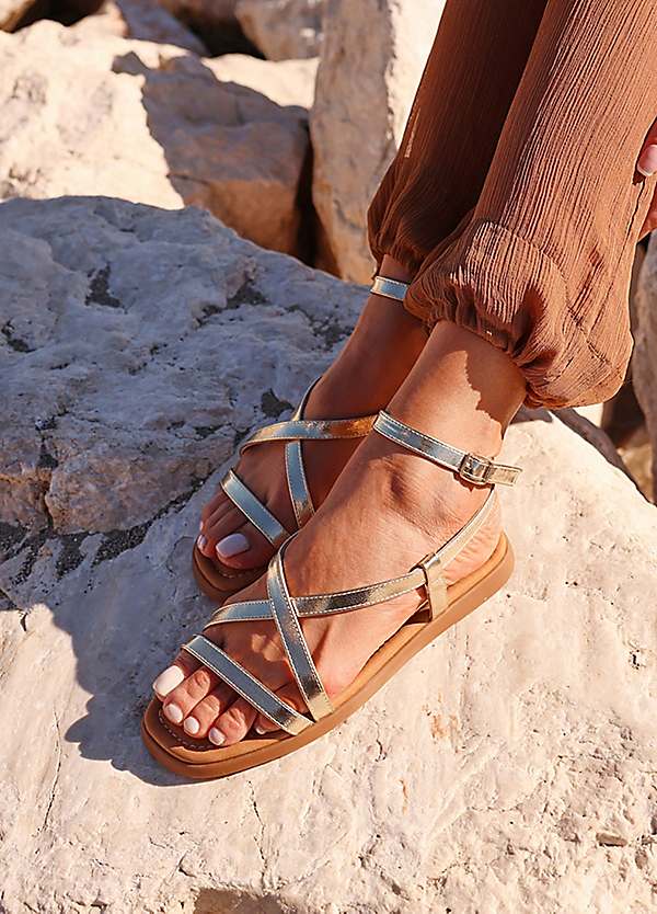 Gold Sandals Sandals With Wrap Around Ankle Straps Linzi Valor Gold Strappy Flat Sandals Grattan