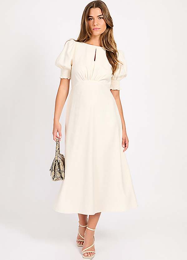cream linen dress with sleeves Korbela Dress - Beige | Women's Linen Midi Dress