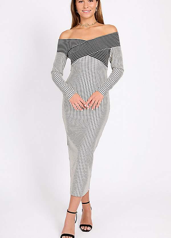 Little Mistress Monochrome Striped Textured Midaxi Dress | Grattan