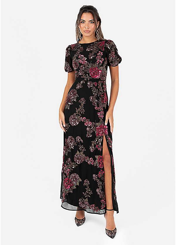 Maya Deluxe Black Floral Embellished Puff Sleeve & Open Back Maxi