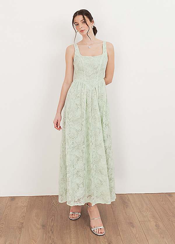 Maya Deluxe Deluxe Mint Embossed Floral Lace Drop Waist Midaxi Dress |  Grattan