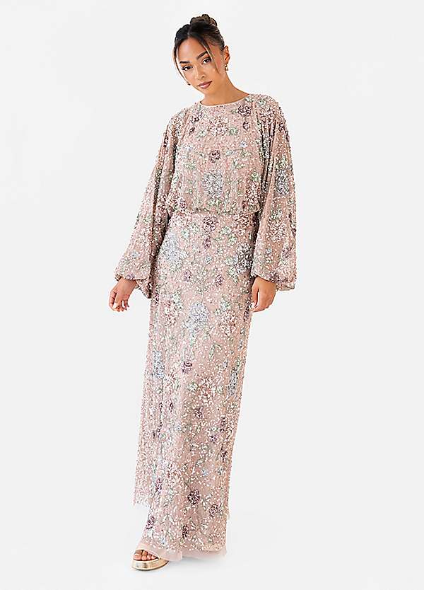 knee length dresses for ladies Maya Berry Embellished Long Sleeve Maxi Dress – Maya Deluxe main image 0