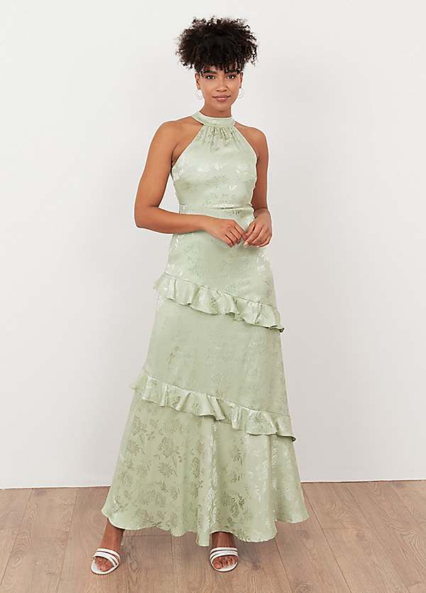 princess polly baby blue dress Maya Deluxe Meadow Green Floral Jacquard Satin Halter Neck Maxi Dress