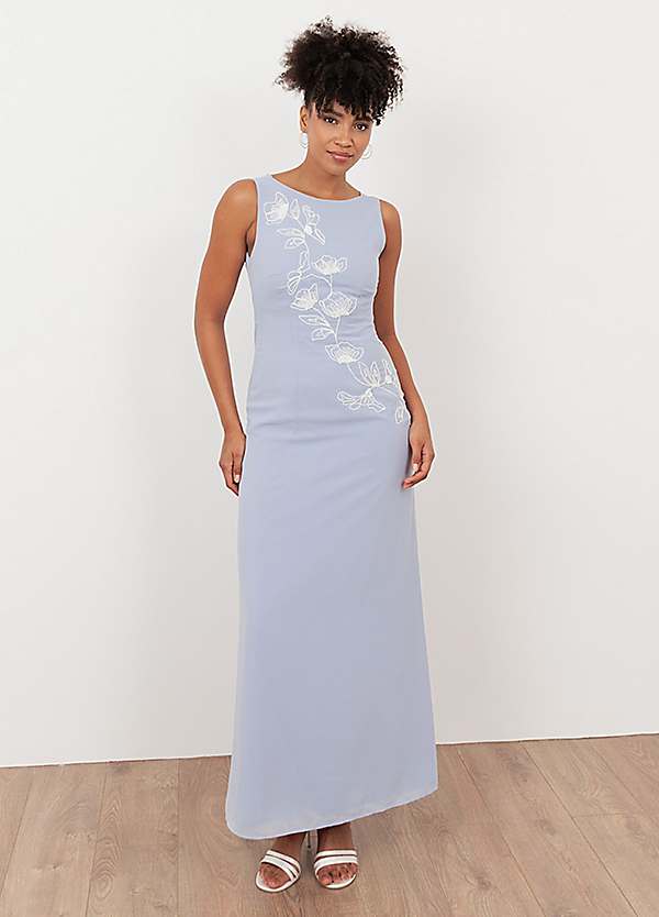 Maya Deluxe Pastel Blue Floral Embroidered Cowl Back Maxi Dress