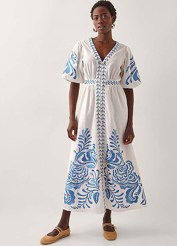 Monsoon Maria Embroidered Puff Sleeve Maxi Dress | Grattan