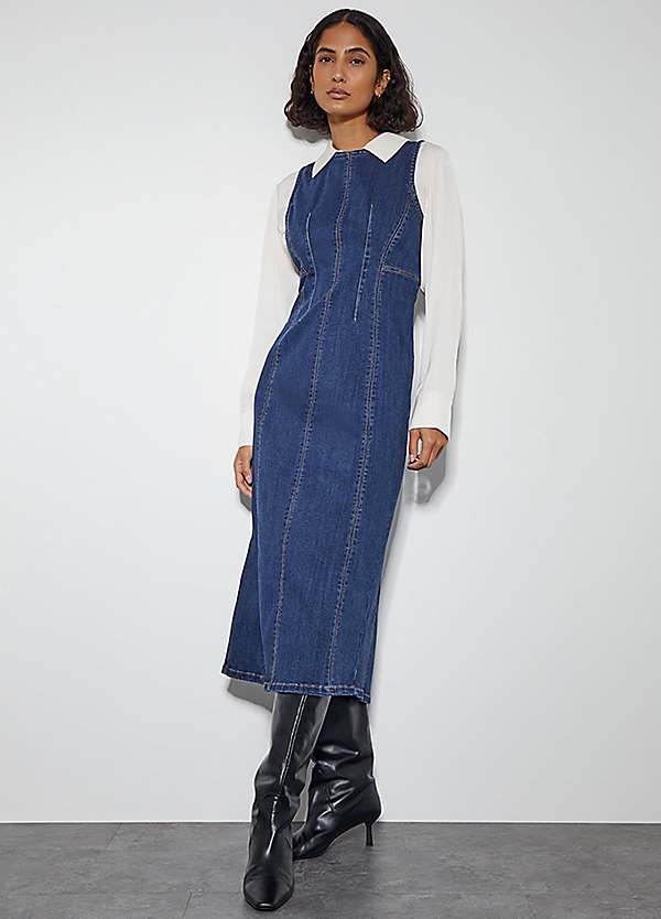 knee length dresses for ladies Women's Drop Waist Blue Denim Midi dress