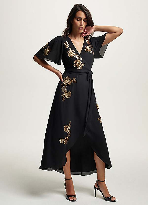 monsoon sequin dress Addy Sequin Wrap Dress in Recycled Polyester Black