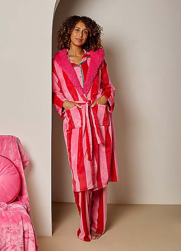 OHS Stripe Flannel Fleece Dressing Gown - Bathrobe | Grattan