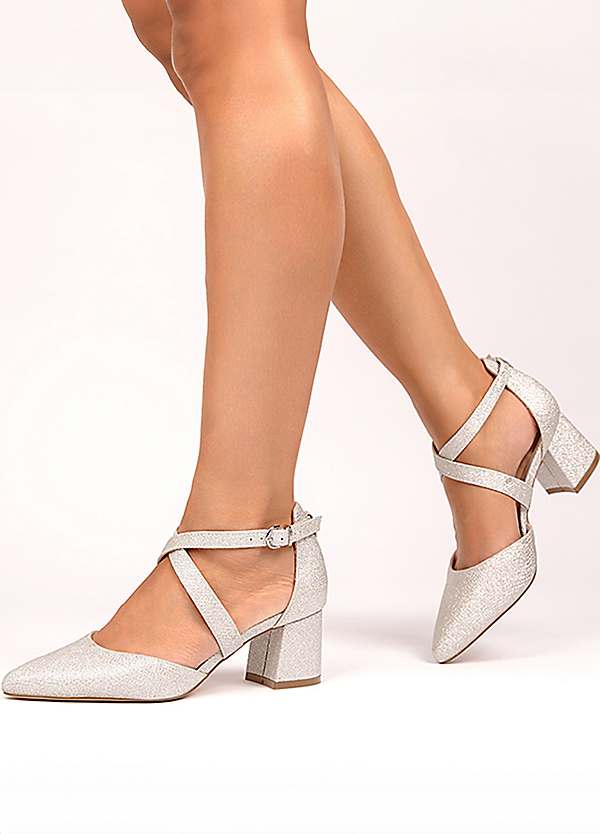 Paradox London Farrah Silver Shimmer Mid Block Heel Cross