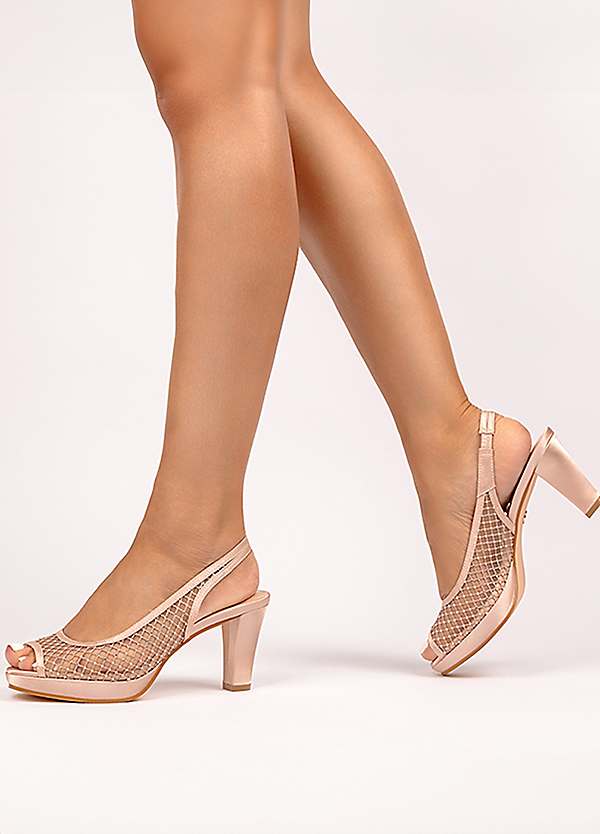 未使用品 TOO | mesh heel Paradox London Levina Nude Satin Mesh High Block Heel Sling Back
