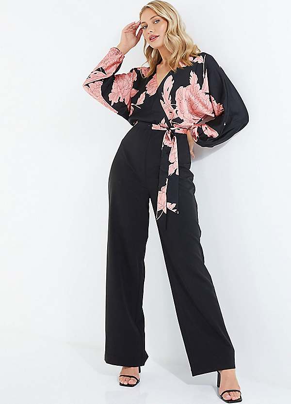 Quiz Black Pink Floral Satin Palazzo Jumpsuit with Long Sleeve Tie Waist Belt Grattan