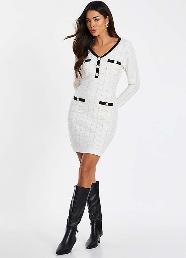 black and cream knitted dress Quiz Boucle Knit Mini with Trim Detail & Gold Buttons Mia belle