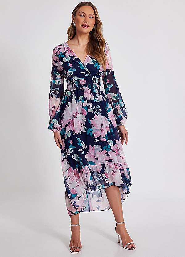 quiz chiffon dress Quiz Floral Chiffon Glitter Long Sleeve Midaxi Dress