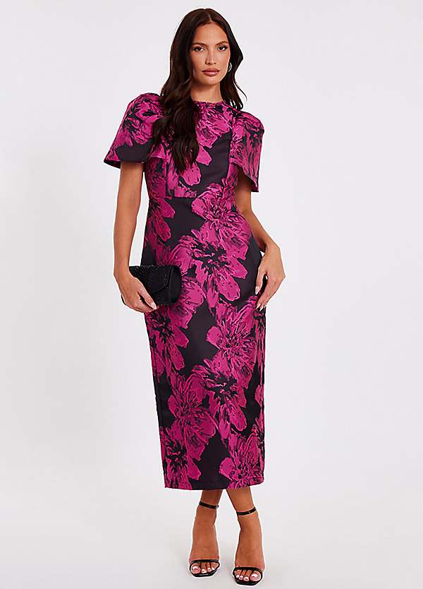 Quiz Multi Floral Jacquard Puff Sleeve Midaxi Dress | Grattan