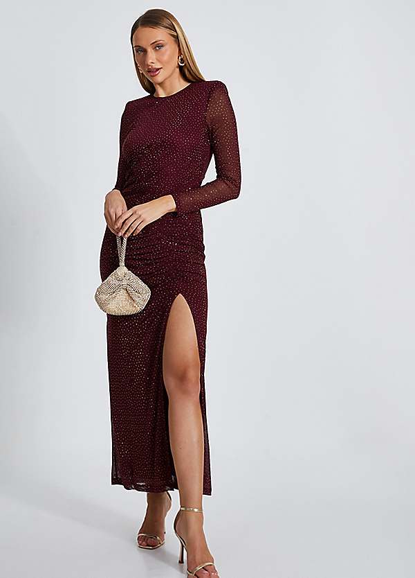 quiz burgundy dress Burgundy Lace Satin Maxi Dress  self-portrait-US
