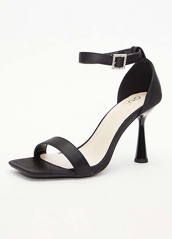 Quiz Wide Fit Black Satin Diamante Buckle Heeled Sandals Grattan