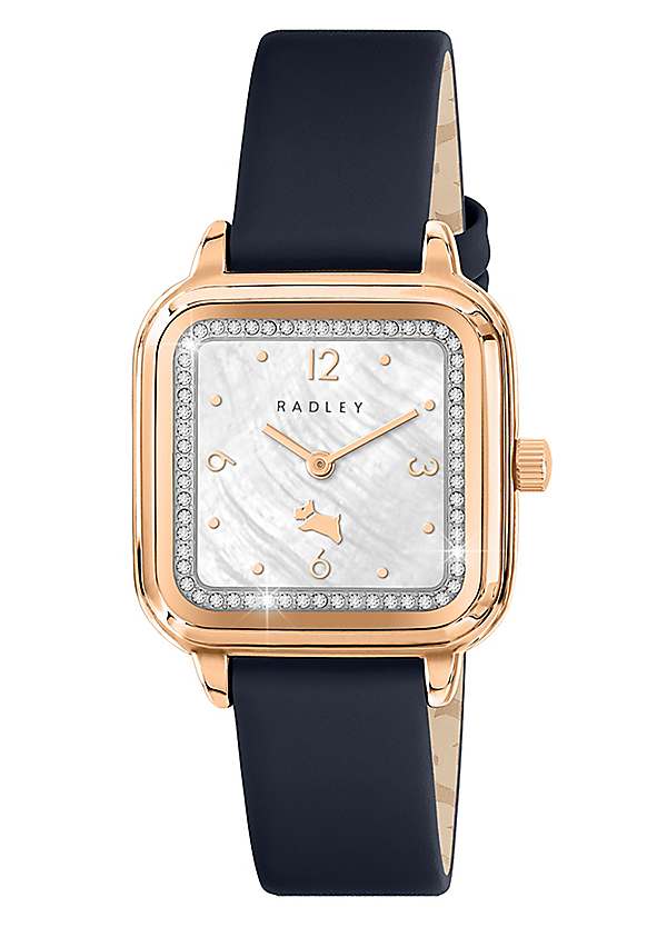 Radley London Square Rose Gold Plated Ink Blue Leather Strap Watch