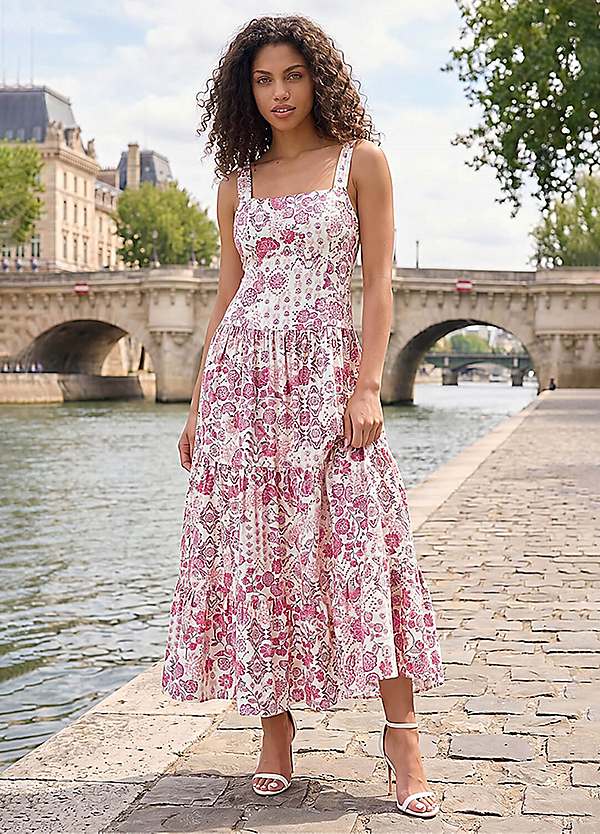 petite spring midi dresses Petite Floral Toile Linen Cotton Seamed Midi Pocket Dress