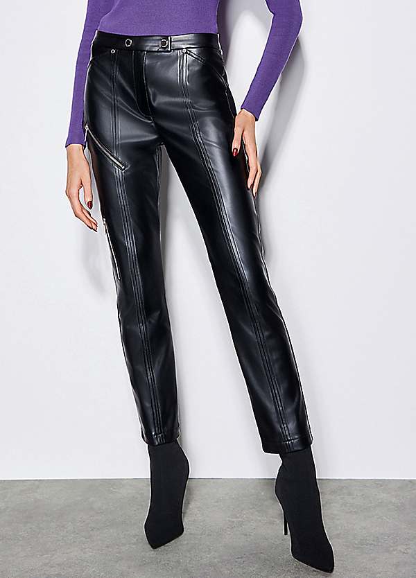 Black Faux Leather Straight Leg Belted Trousers – AX Paris