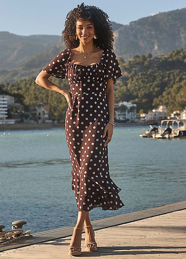 brown polka dot dress sleeves Sosandar Chocolate Ruffle Hem Mermaid Lace Long Sleeve Wedding Gowns Bridal Wedding Dress Italian Summer Wedding Bridesmaids Bottoms Size (Men's):38 Designed with a playful