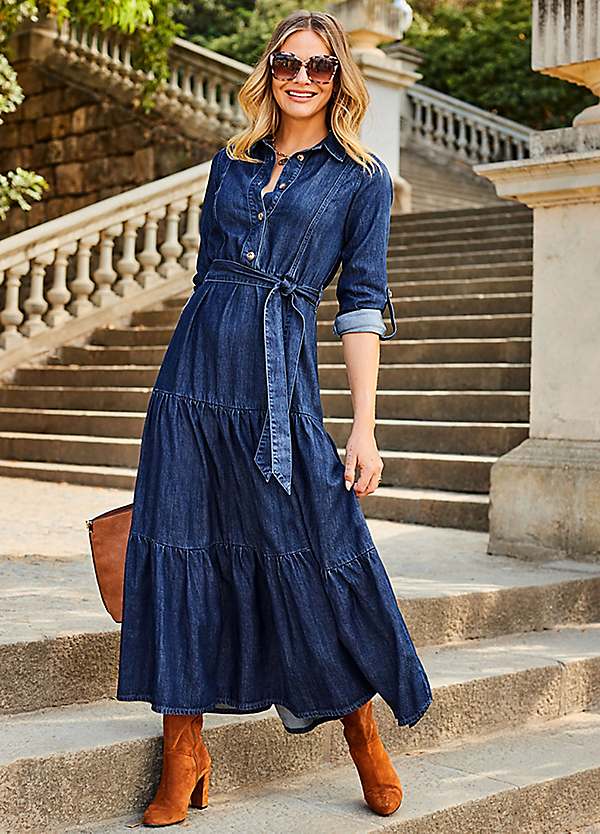 Sosandar Dark Indigo Tiered Hem Denim Midi Dress Grattan