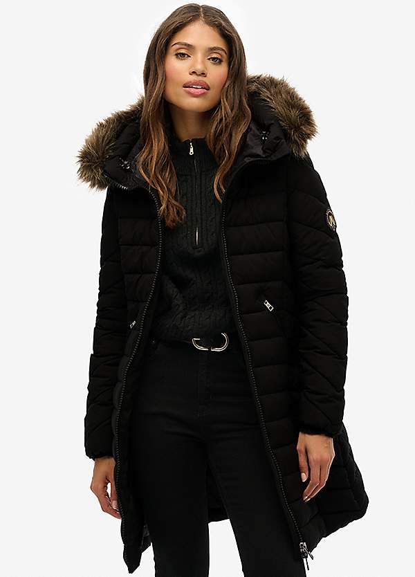 Trench Coat Black Peacoat With Fur Collar Superdry Fuji Faux-Fur